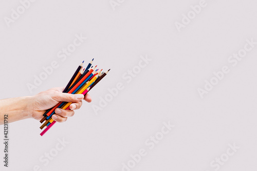 The pencils. Colored pencils in hands on a gray background.