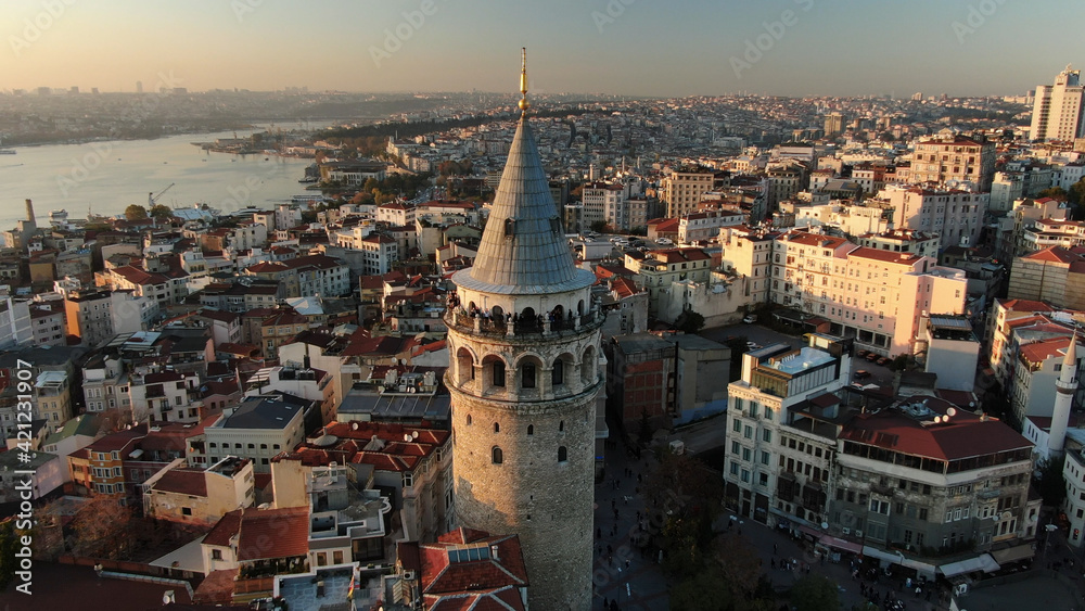 Aerial view galata tower with Golden Horn istanbul.  aerial view of istanbul city 