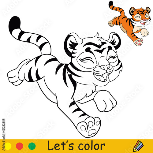 Fototapeta Naklejka Na Ścianę i Meble -  Little running tiger coloring with colorful template vector