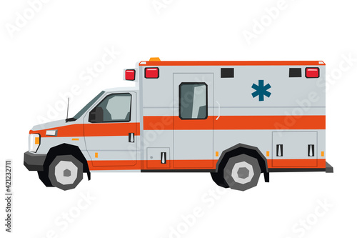 Nursery ambulance car drawing. Rescue medical truck in cartoon style. Isolated vehicle art for kids bedroom decor. Side view. Print for toddler wall art