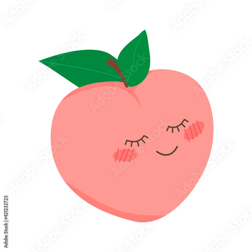 Sweet peach. Funny fruit character. Emotions. Fruit emoticon. Kawaii. Vector flat illustration.