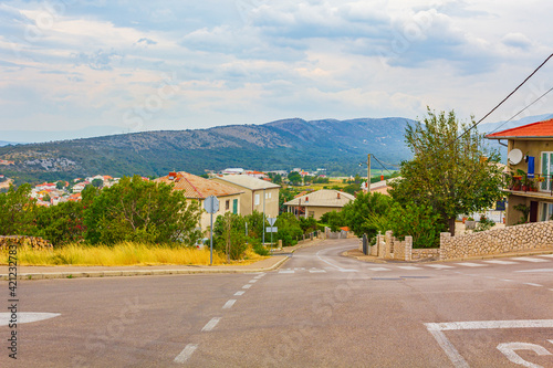 Novi Vinodolski cityscape road and mountains view in beautiful croatia. photo