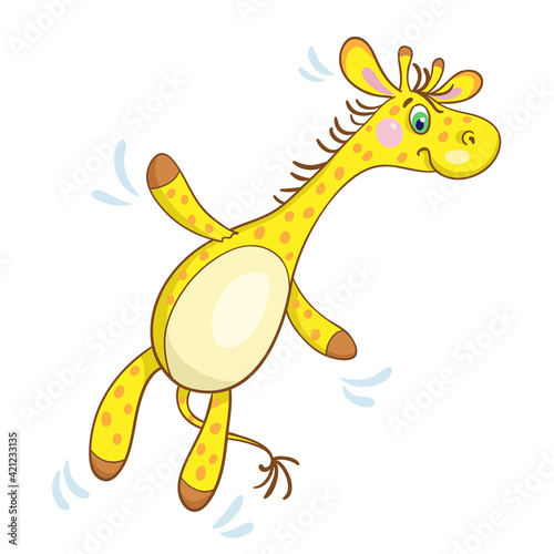 Kids toys. A funny toy yellow giraffe is flying. In cartoon style. Isolated on white background. Vector illustration.