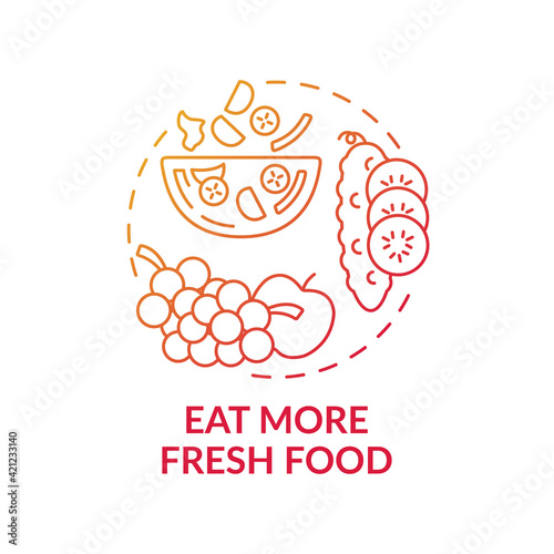 Eat more fresh food concept icon. Avoiding microplastics tips idea thin line illustration. Vegetables and fruits. Vector isolated outline RGB color drawing