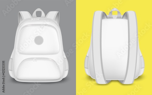 Backpack mockup set, vector isolated illustration. Realistic white school bag, sport tourist rucksack.