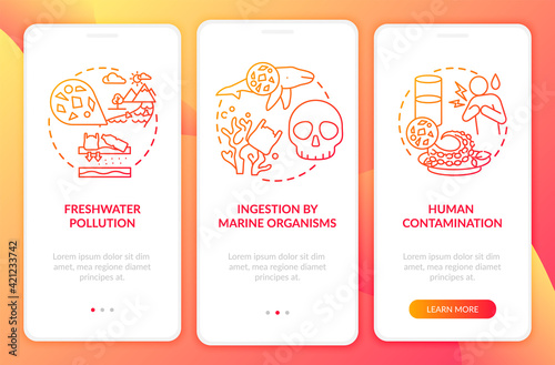 Microplastics effects onboarding mobile app page screen with concepts. Human contamination walkthrough 3 steps graphic instructions. UI vector template with RGB color illustrations