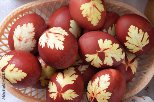 Orthodox Easter. Colored eggs. Top view. Closeup
