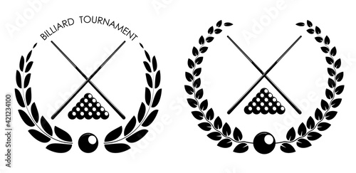 symbol, emblem of billiard cues and pool ball set with laurel wreath for competition. Sports equipment. Active lifestyle. Vector