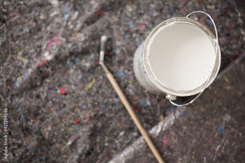 Wallpaper Mural Paint buckets and painting accessories are laid out on painted fleece ready for painting the walls brush and masking tape drip protection paint blobs specialist knowledge preparation renovation tool Torontodigital.ca