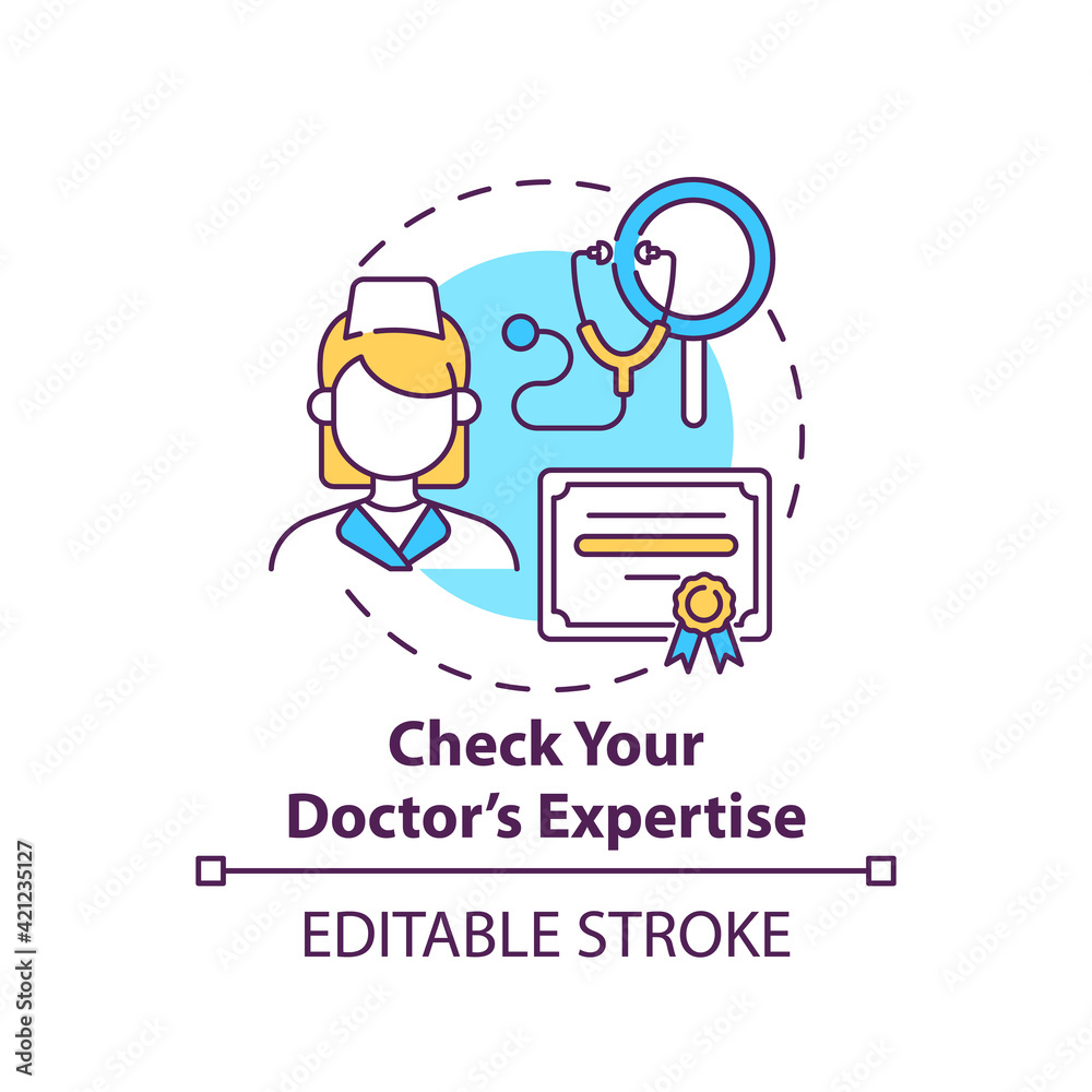 Check your doctor expertise concept icon. General practitioner with diploma. Professional aid. Family doctor idea thin line illustration. Vector isolated outline RGB color drawing. Editable stroke Check your doctor expertise concept icon. General practitioner with diploma. Professional aid. Family doctor idea thin line illustration. Vector isolated outline RGB color drawing. Editable stroke