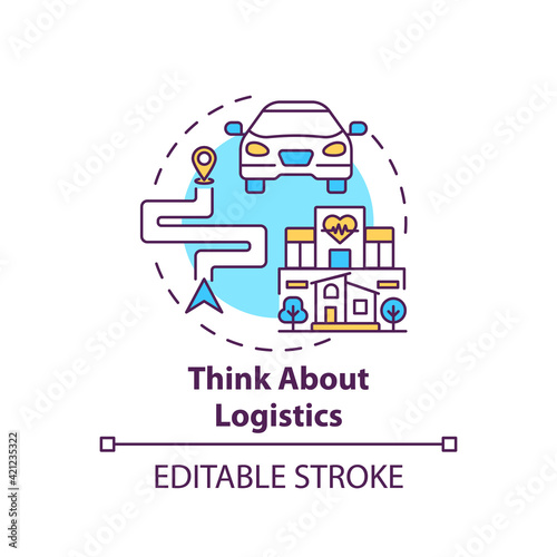Think about logistics concept icon. Transportation to hospital. Clinic service. Family doctor location idea thin line illustration. Vector isolated outline RGB color drawing. Editable stroke