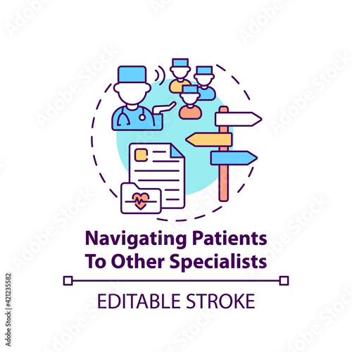 Navigating patients to other specialists concept icon. General practitioner. Hospital therapist. Family doctor idea thin line illustration. Vector isolated outline RGB color drawing. Editable stroke