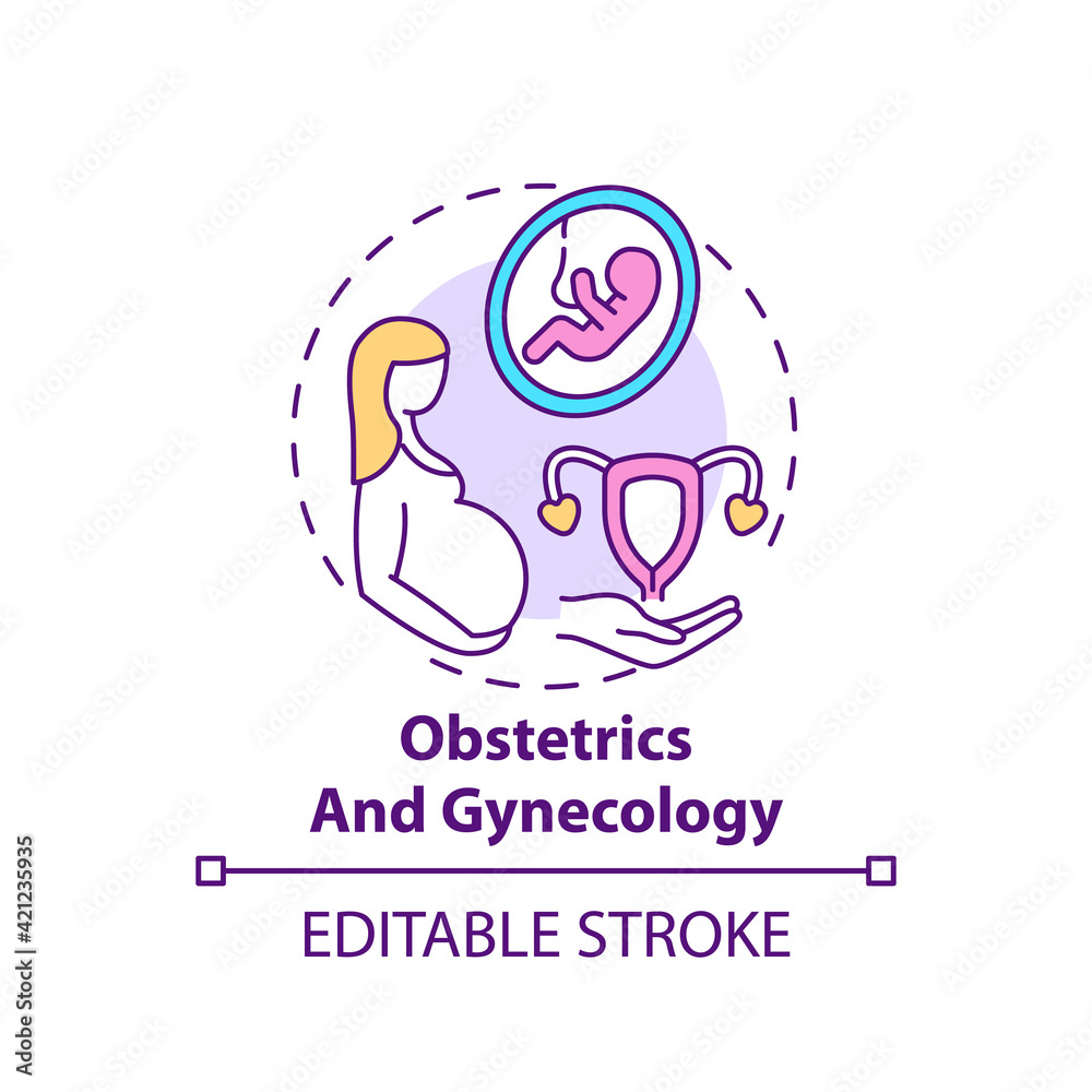 Obstetrics and gynecology concept icon. Expectant mother. Pregnancy care. Female, baby healthcare. Family doctor idea thin line illustration. Vector isolated outline RGB color drawing. Editable stroke