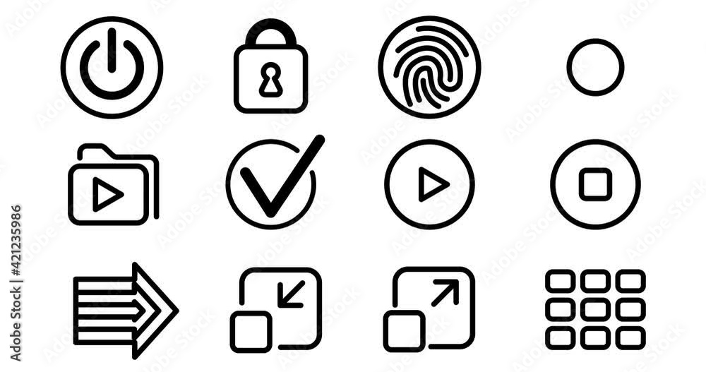 Start, Play, control buttons icon set. micro animation, cartoon, clipart, illustration, black and white