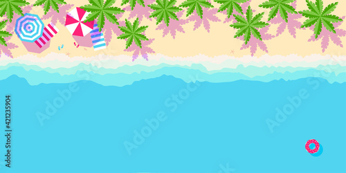 sandy tropical beach with palm trees. Horizontal banner in cartoon style. Place for your text. Vector illustration
