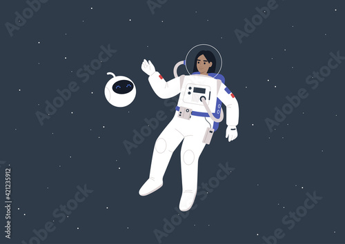 A young female astronaut in a spacesuit and a cute round robot floating in outer space, a futuristic life concept