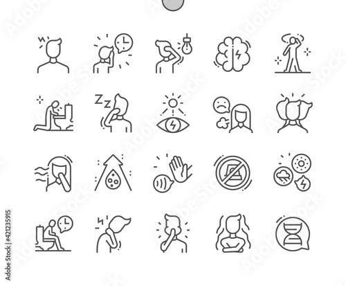 Migraines. Headache. Pain, problem, stressed, unhappy and depressed. Health care, medical and medicine. Pixel Perfect Vector Thin Line Icons. Simple Minimal Pictogram