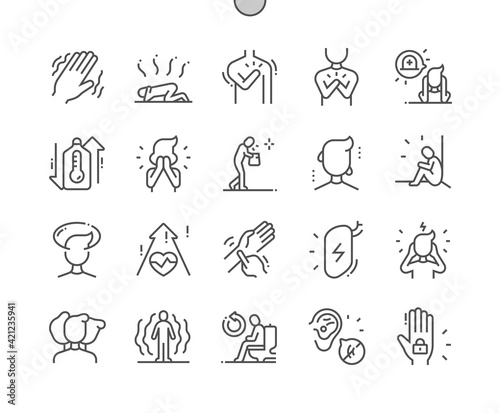 Panic disorder. Tremor and heartache. Pressure increase. Illness, unhappy and despair. Health care, medical and medicine. Pixel Perfect Vector Thin Line Icons. Simple Minimal Pictogram