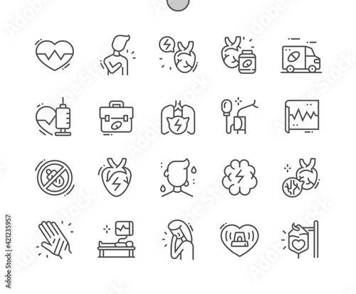 Heart Attack. Measure pressure. Heartbeat and cardiogram. Ambulance. Health care, medical and medicine. Pixel Perfect Vector Thin Line Icons. Simple Minimal Pictogram