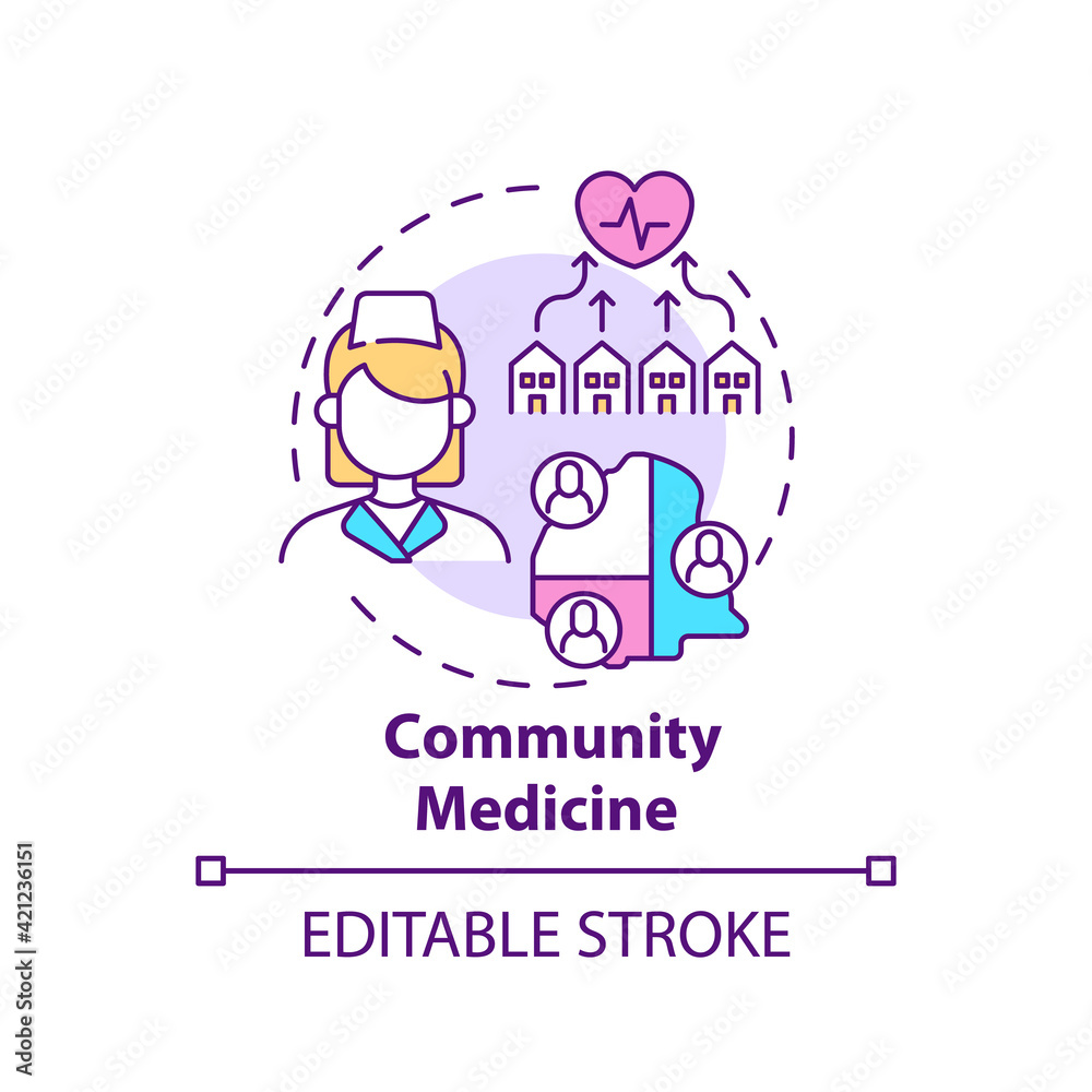 Community medicine concept icon. Public healthcare service. Therapist assistance. Family doctor idea thin line illustration. Vector isolated outline RGB color drawing. Editable stroke Community medicine concept icon. Public healthcare service. Therapist assistance. Family doctor idea thin line illustration. Vector isolated outline RGB color drawing. Editable stroke