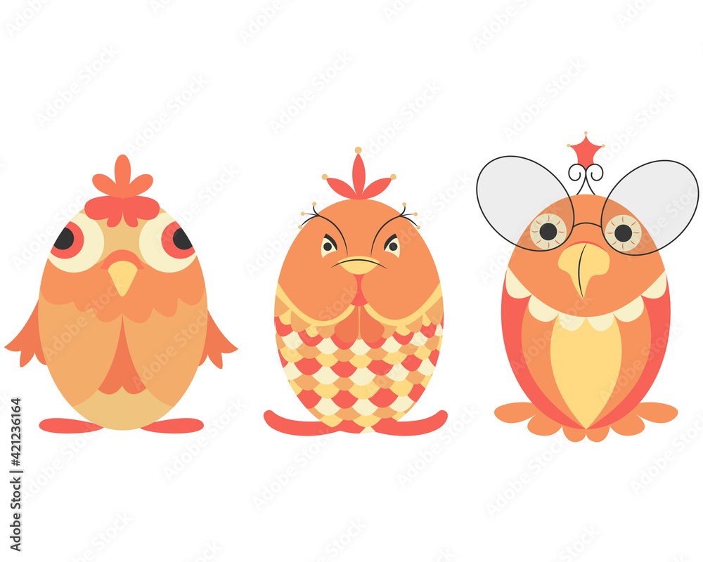 three cute birds in the form of eggs, easter