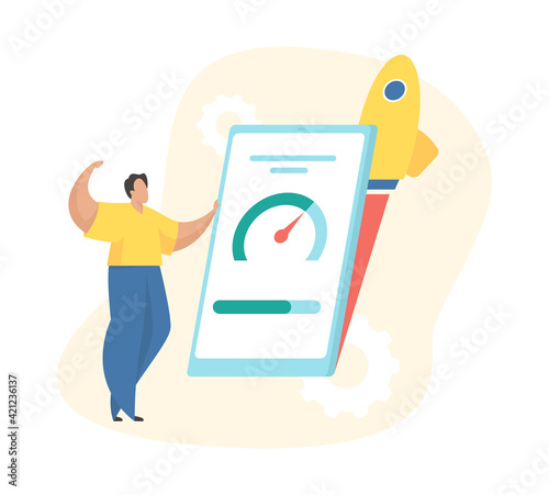 Accelerated mobile concept illustration. Male character stands in front of a smartphone with a speedometer on the screen. Rocket takes off behind smartphone. Website loading optimization. Flat vector