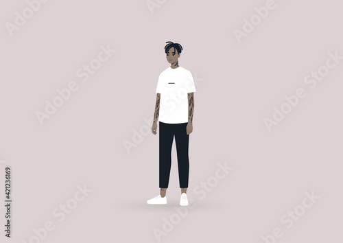 A young male Black character with tattoos wearing casual clothes, a modern lifestyle concept
