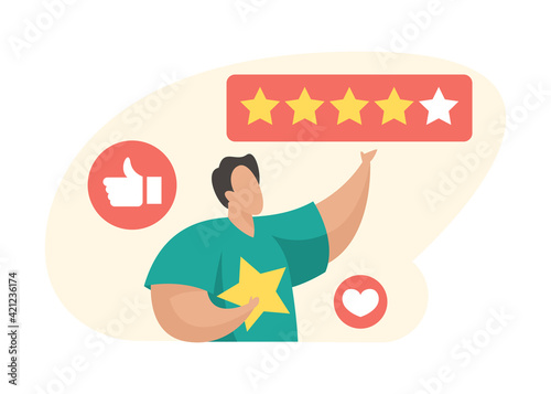 Customer feedback. Male cartoon character gives five star feedback. Customer service and user experience concept. Flat vector illustration