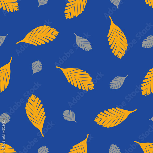 Simple elm leaf seamless vector pattern background. Hand drawn orange and grey single leaves on cobalt blue backdrop. Botanical design. Fall foliage repeat print for nature wellbeing concept