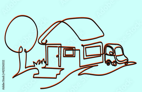 One line drawing of car and house.
One continuous line drawing of house and car on meadow in summer