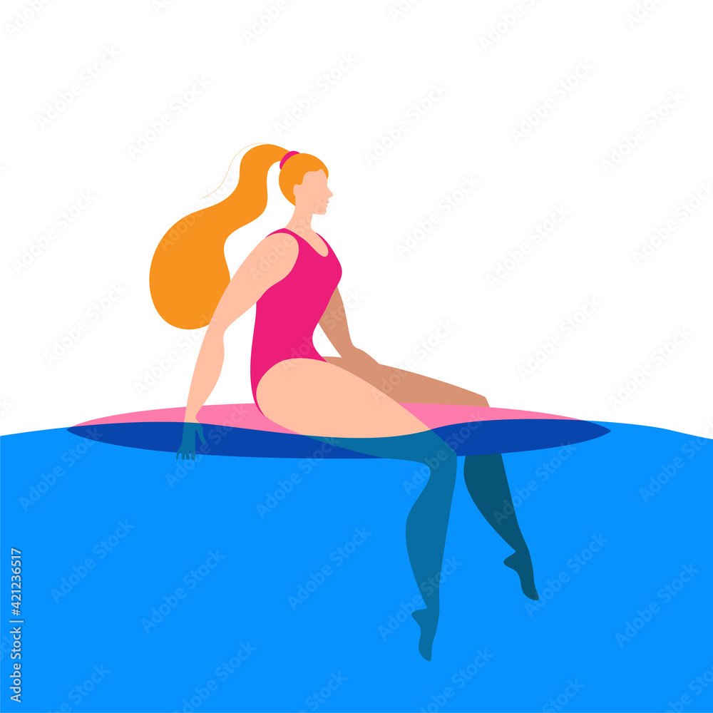 A girl sitting on a surfboard is waiting for a wave. Vector illustration in a flat style.