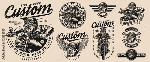 Custom motorcycle vintage monochrome emblems