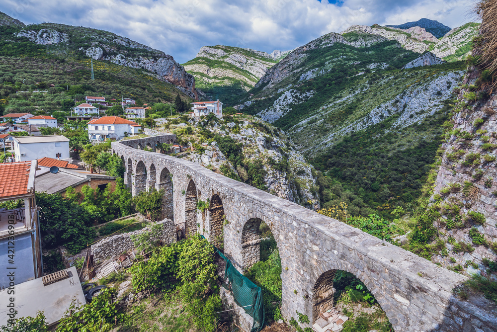 Aqueduct next to historical fortress in Stari Bar town near Bar city, Montenegro