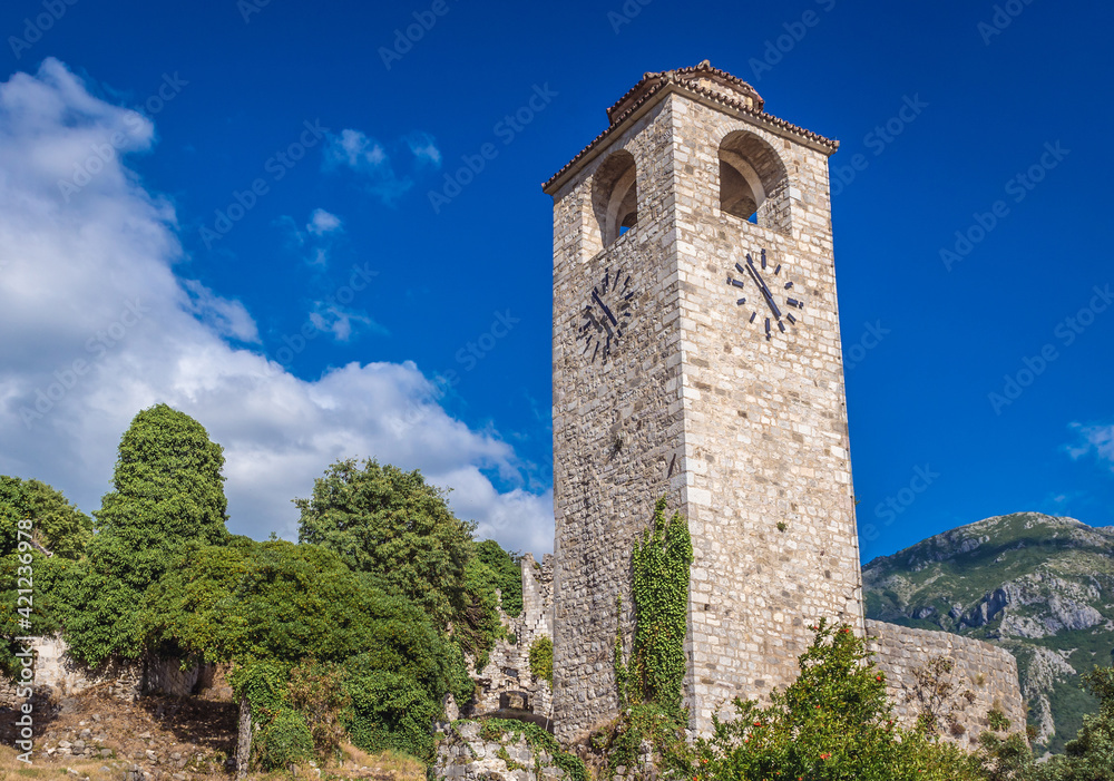 Clock tower in historical fortress in Stari Bar town near Bar city, Montenegro
