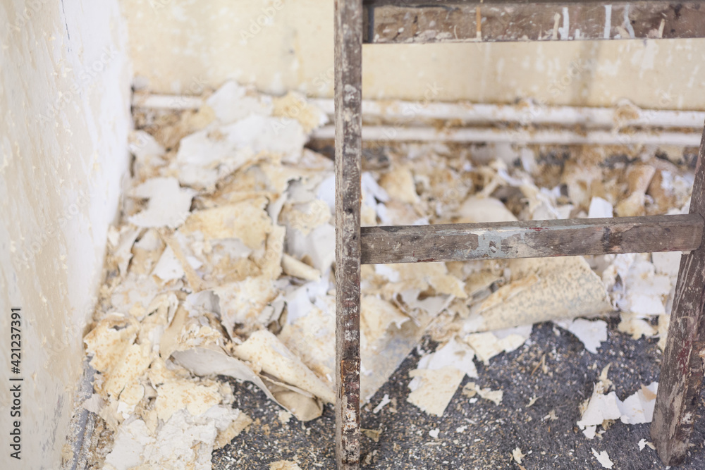 custom made wallpaper toronto digitalOld wooden ladder covered with paint particles on a floor covered with wallpaper scraps renovate. Repair of a rented apartment painting diy water pipes old building new wallpaper