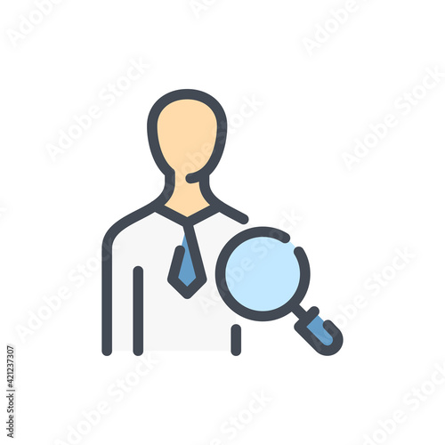 Search for employees and Recruitment color line icon. Businessman and magnifying glass vector outline colorful sign.