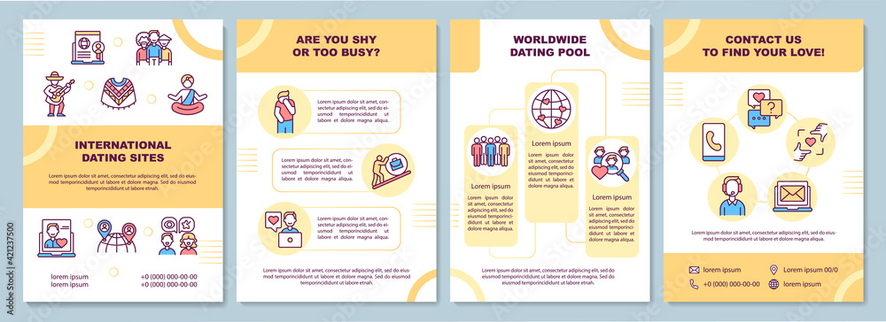International dating sites brochure template. Are you shy or busy. Flyer, booklet, leaflet print, cover design with linear icons. Vector layouts for presentation, annual reports, advertisement pages