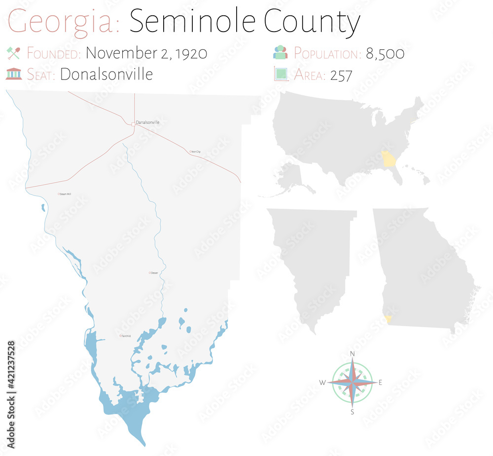Large and detailed map of Seminole county in Georgia, USA.