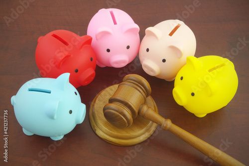 Legal rules for financial funds concept, wooden judge gavel and many piggy banks.	 photo