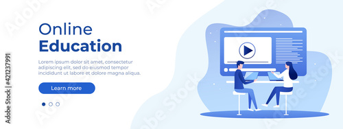 Online education concept. Vector layout for website page. Illustration in flat isometric style with people studying remotely. Front page layout for your design. Vector illustration EPS 10