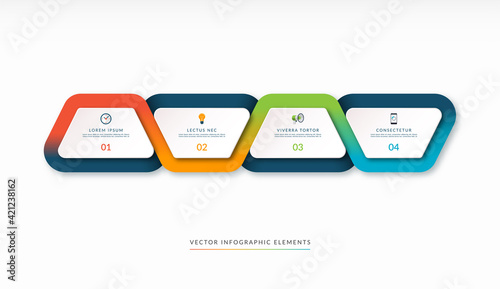 infographic timeline in the form of four trapezoidal design elements surrounded with a multicolor flowing ribbon. Can be used for brochure, presentation, report, chart, graph, web design.