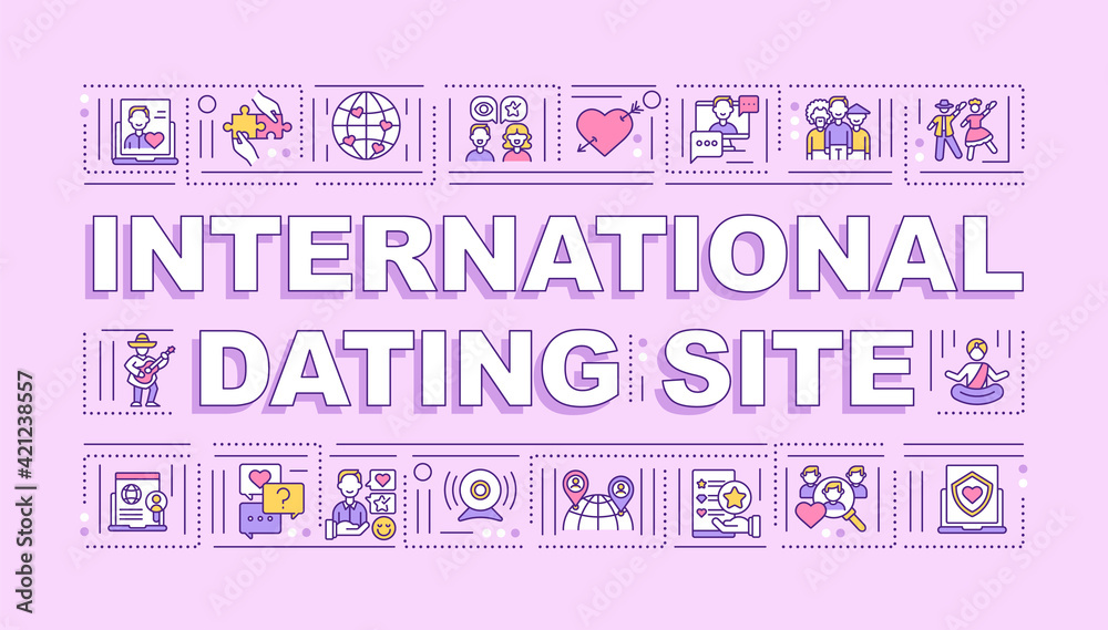 International dating site word concepts banner. Meeting new partners online. Infographics with linear icons on pink background. Isolated typography. Vector outline RGB color illustration International dating site word concepts banner. Meeting new partners online. Infographics with linear icons on pink background. Isolated typography. Vector outline RGB color illustration
