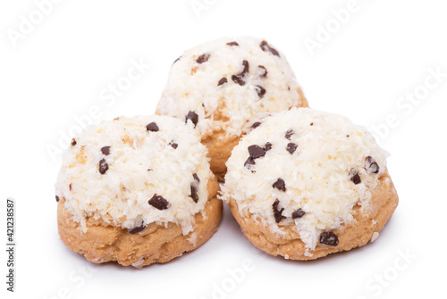 Confectionery with coconut flakes and chocolate chips isolated