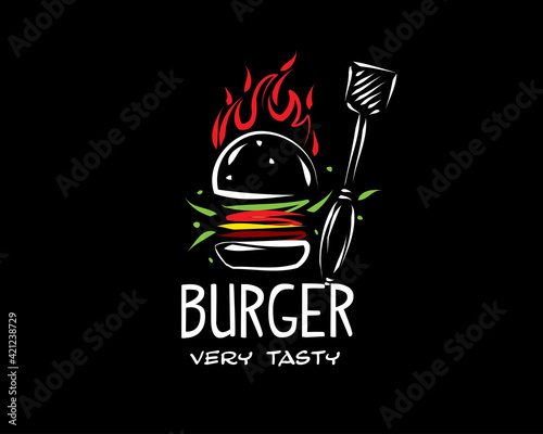 Hand drawn vector burger logo on black background