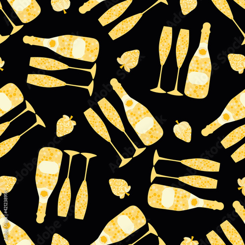 Champagne and strawberry vector seamless pattern background. Elegant gold black backdrop with fizz, champagne flutes,bottles, strawberries fruit. Modern chic repeat for party, birthday, wedding