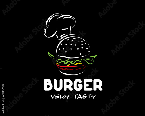 Hand drawn vector burger logo on black background