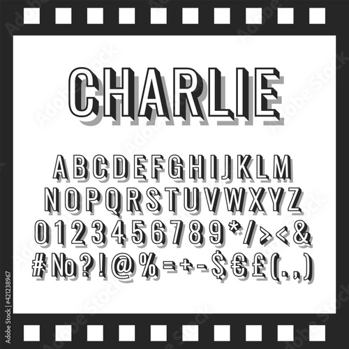 Charlie vintage 3d vector alphabet set. Retro bold font, typeface. Pop art stylized lettering. Old school style letters, numbers, symbols pack. 90s, 80s creative typeset design template