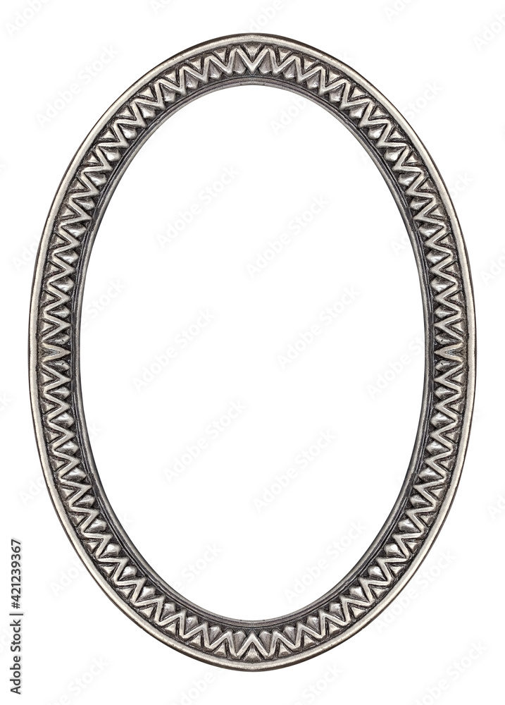 Silver oval frame for paintings, mirrors or photo isolated on white background. Design element with clipping path Silver oval frame for paintings, mirrors or photo isolated on white background. Design element with clipping path