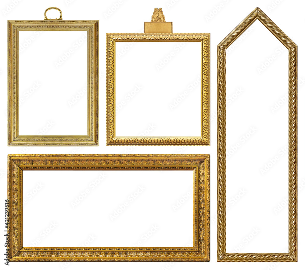 Set of golden frames for paintings, mirrors or photo isolated on white background Set of golden frames for paintings, mirrors or photo isolated on white background