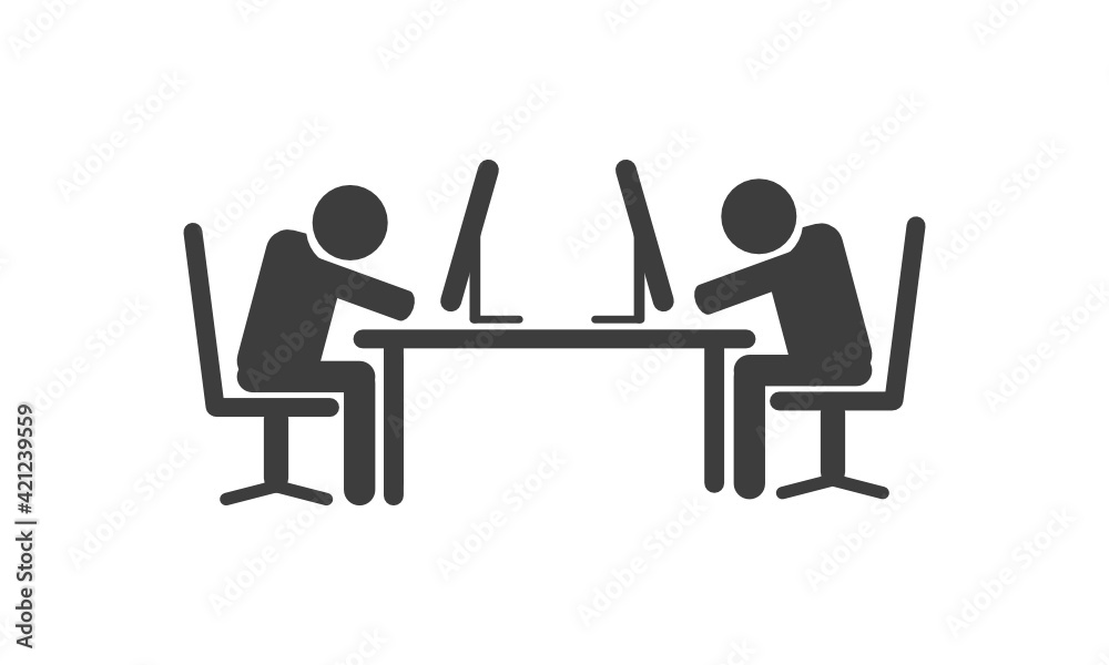 Symbol von zwei sich gegenüber sitzenden Personen am Schreibtisch vor ihrem Computer Symbol von zwei sich gegenüber sitzenden Personen am Schreibtisch vor ihrem Computer